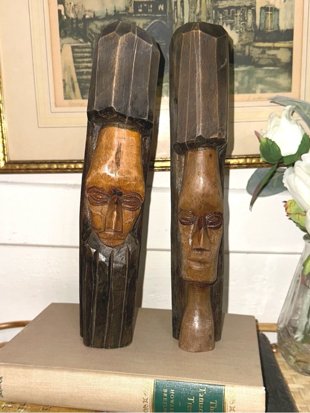 Vintage Hand Carved Wood Busts 10” Folk Art Pair King & Queen Signed Z.